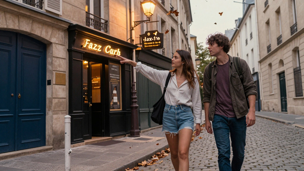 A companion and traveler walk down a leafy Paris street, pointing toward a hidden jazz club.