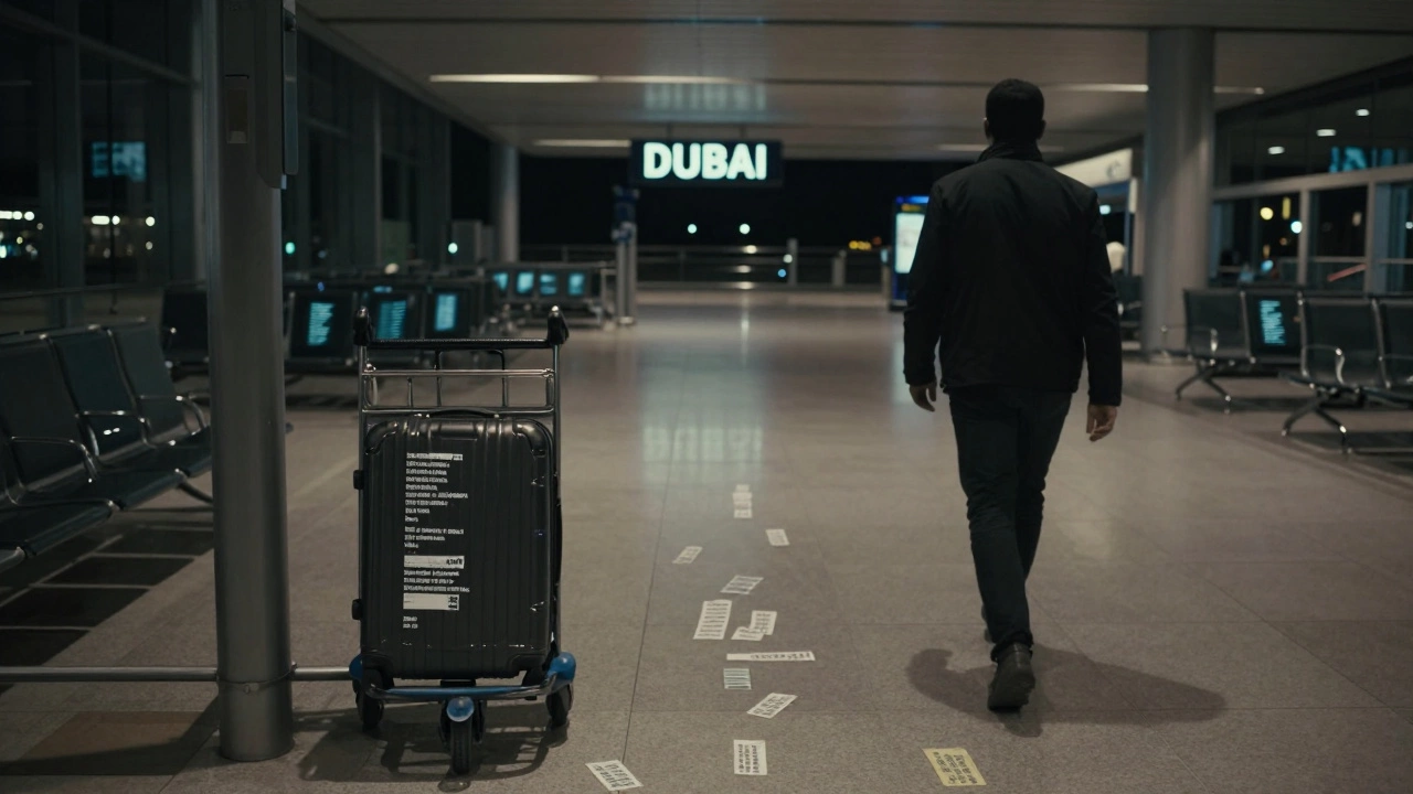 An empty airport terminal with a lone suitcase and faint reflections of a viral poem.
