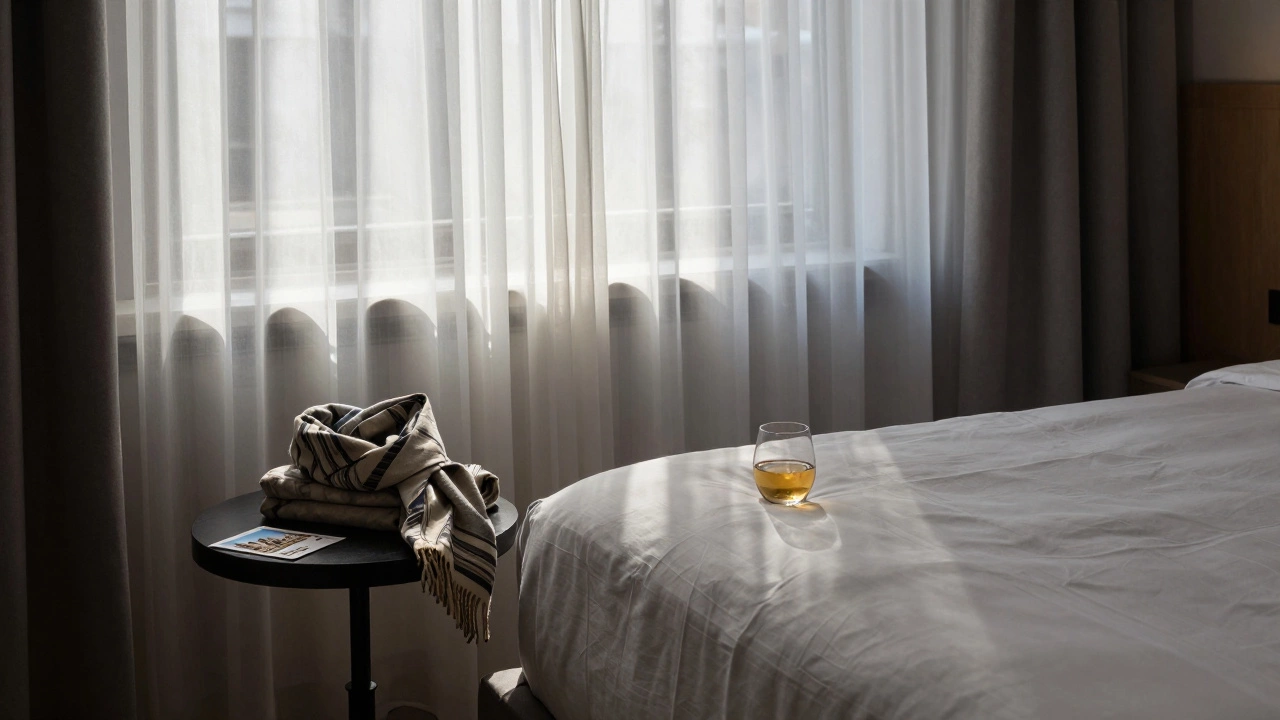 An empty boutique hotel room at dawn, with a postcard and wine glass suggesting a meaningful night.