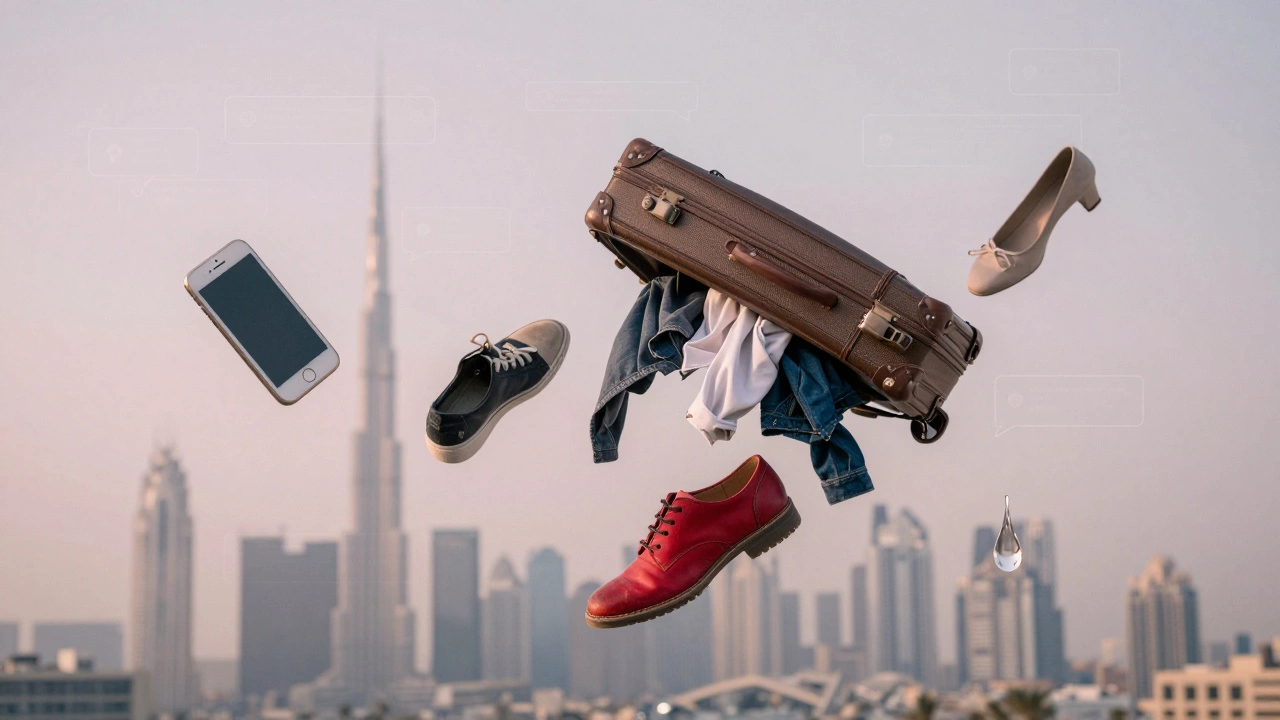 Floating objects including shoes, a suitcase, and a Dubai skyline connected by digital lines.